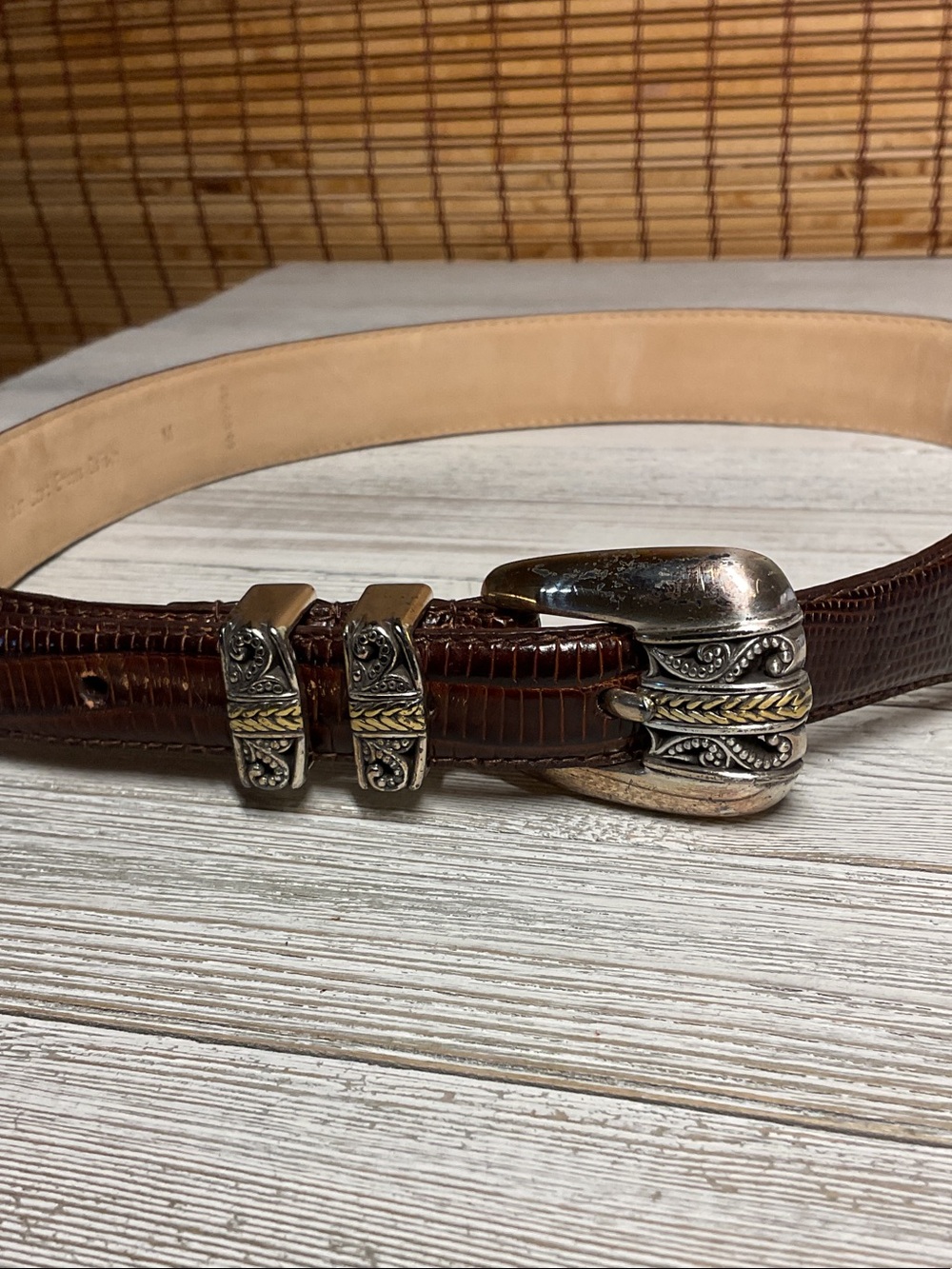Men's Brown Textured Leather Belt with Decorative Two-Tone Buckle